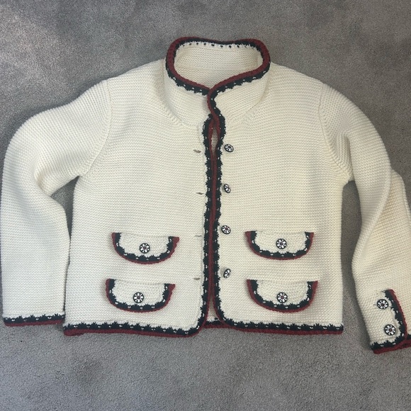 Sweaters - Cream Knit Cardigan with Red and Black Trim Diamond buttons size M